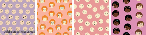 Four surface patterns, sweet girlish faces. Childish backdrop design, feminine look, simple illustration for fabric, packaging.