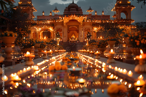  A panoramic view of a temple decorated with lights and flowers for Diwali, creating a serene and festive scene