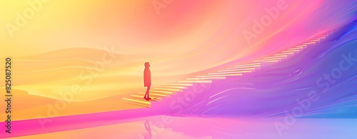 A person standing at the top of stairs  looking out into an endless expanse  a colorful gradient background with soft waves and flowing forms  vibrant and surreal digital art in the style of fantasy a