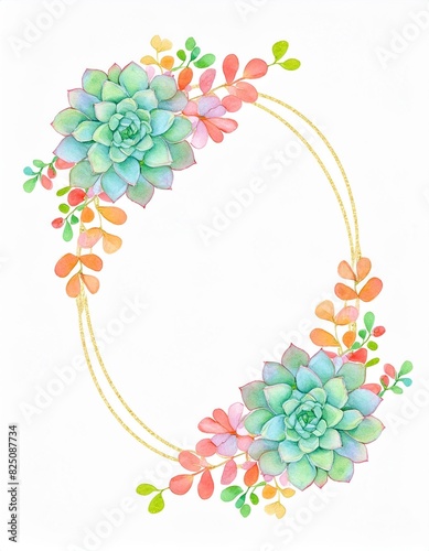 Oval frame with Succulent arrangement ,wedding invitation card element decoration,white isolated background,water color