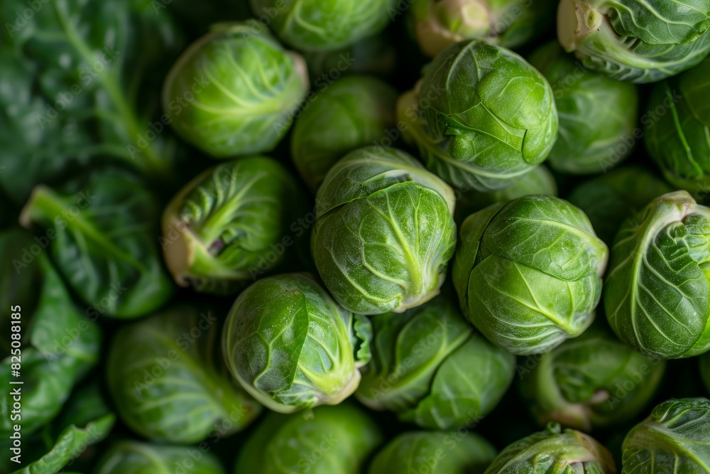 Organic brussels sprouts in a close-up view, showcasing their vibrant green leaves and natural patterns Organic brussels sprouts in a close-up view, showcasing their vibrant green leaves and natural patterns