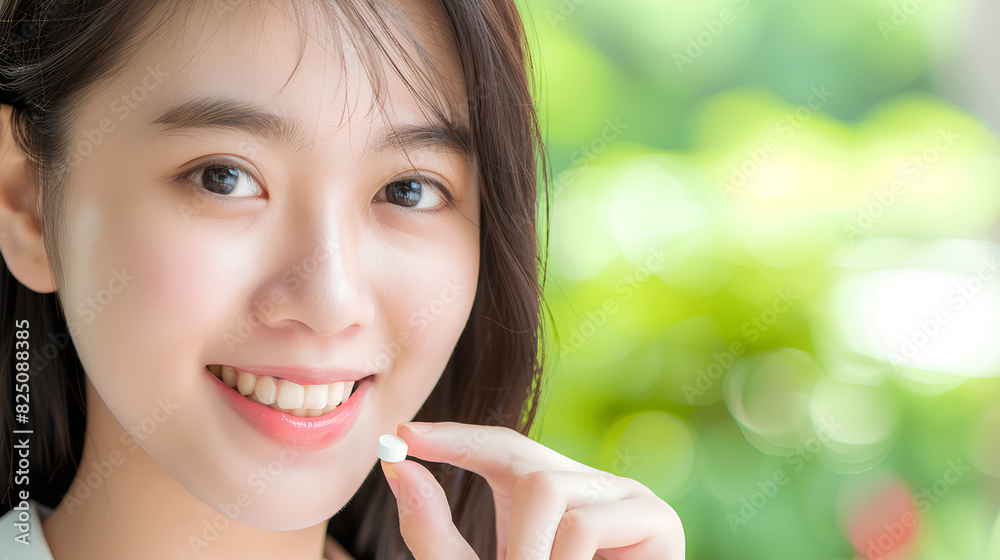 A young smiling woman is taking medications. A young smiling woman is taking medications.