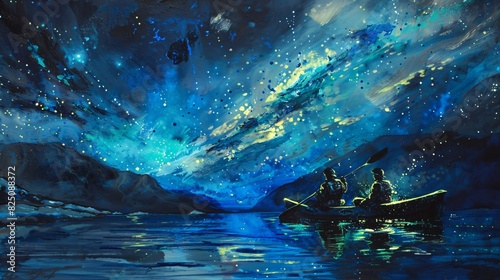 people kayaking in a lake with aurora borealis in the night sky.