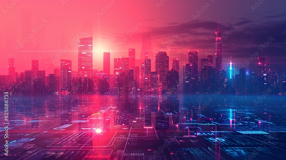 Abstract digital high-tech city design, featuring panoramic urban architecture with neon light effects for a modern banner.
