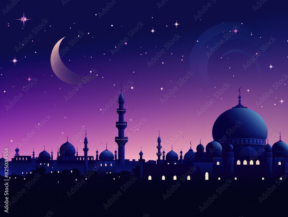 A city skyline with a large dome on top of a building. The sky is dark and the stars are shining brightly