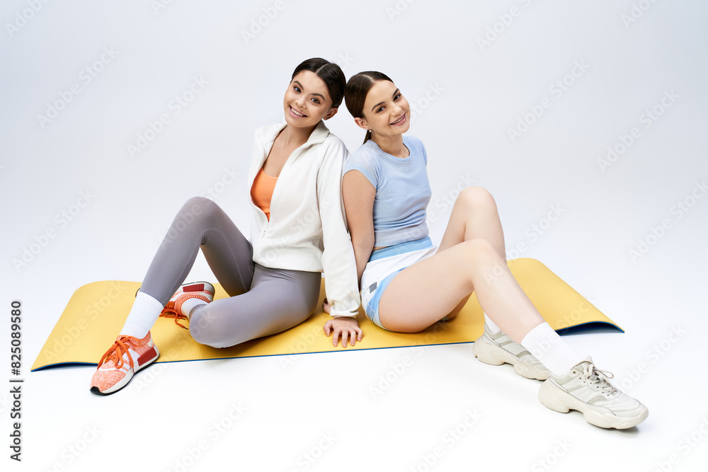 Two pretty, brunette teenage girls in sportive attire sit together on a mat in a studio, showcasing friendship and relaxation. Two pretty, brunette teenage girls in sportive attire sit together on a mat in a studio, showcasing friendship and relaxation.