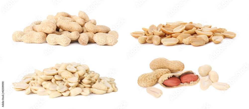 Many fresh peanuts on white background, set Many fresh peanuts on white background, set