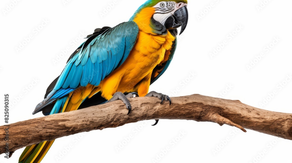 Colorful blue and yellow macaw parrot perched on a branch against a clean white background Colorful blue and yellow macaw parrot perched on a branch against a clean white background