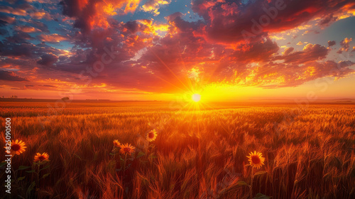 A breathtaking view of a golden sunset casting warm hues over expansive fields of wheat or sunflowers, evoking the tranquility of rural landscapes in summer. #825090500
