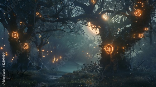 A fantastical forest where the trees have glowing  magical runes etched into their bark  under a mystical moon