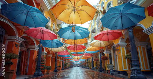 Hang multiple umbrellas in different colors and sizes overhead, creating a colorful ceiling that adds cheerfulness and dynamism. Generative AI. photo