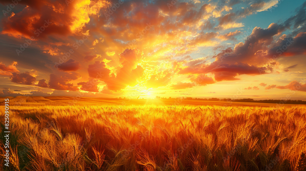 A breathtaking view of a golden sunset casting warm hues over expansive fields of wheat or sunflowers, evoking the tranquility of rural landscapes in summer.
