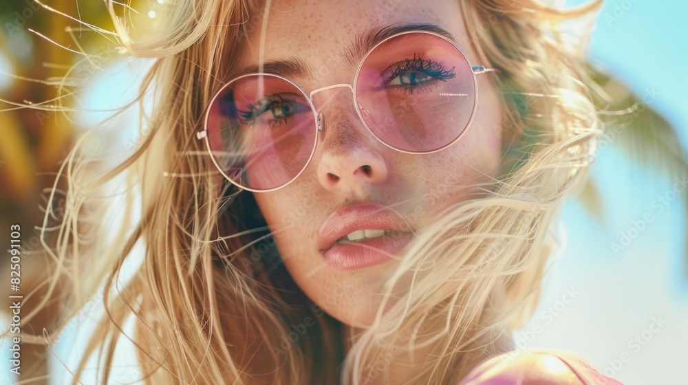 A blonde woman with blue eyes and pink glasses A blonde woman with blue eyes and pink glasses