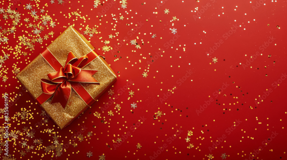 Dazzling christmas golden gift box with a bow, surrounded by glittering gold stars on a vibrant red background Dazzling christmas golden gift box with a bow, surrounded by glittering gold stars on a vibrant red background