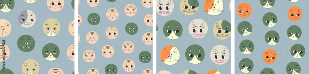 Set of four patterns, black eyes cats. Repeating texture, cat face, continuous design with creative shapes. Set of four patterns, black eyes cats. Repeating texture, cat face, continuous design with creative shapes.