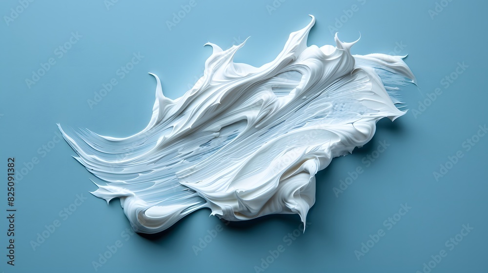 White cream swatch on blue background, top view. Abstract smudge shape with copy space for text or design.
White cream swatch on blue background, top view. Abstract smudge shape with copy space for text or design.