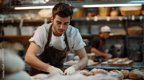 Young man in a bakery, working with flour and dough, atmospheric lighting