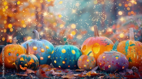 A realistic depiction of a group of pumpkins on a glittering, multicolored background, with the sparkles creating a festive and magical atmosphere. photo