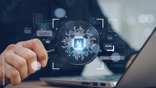 Businessman holding a magnifying glass with AI icon, Artificial Intelligence. Using command prompt for generates something, search, Document file management, Futuristic technology transformation.