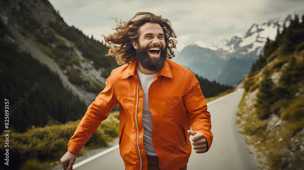 Naklejka premium Joyful man with long hair and beard running down a mountain road, wearing an orange jacket, surrounded by stunning alpine scenery and a sense of freedom
