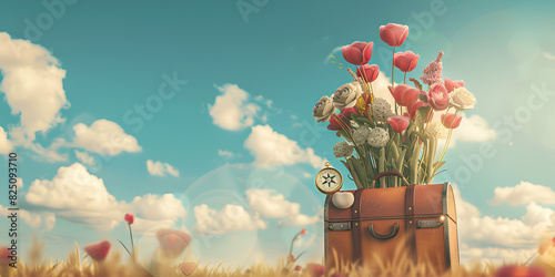 Floral Arrangement in Suitcase Under Clear Blue Sky

