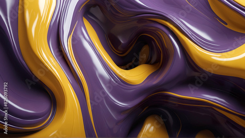 Abstract 3d wavy wallpaper. Background with 3d stylish purple and yellow waves. Liquid dynamics visualization.