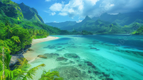 A scenic view of a tropical beach with turquoise waters, white sands, and a backdrop of verdant mountains.