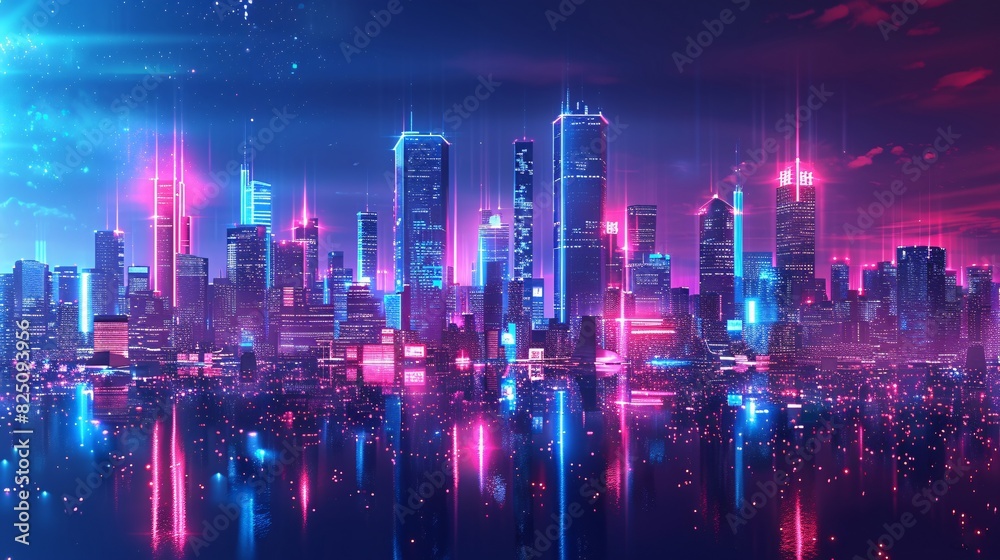 Panoramic cityscape with neon light effects, showcasing futuristic urban architecture. Ideal for a high-tech banner background