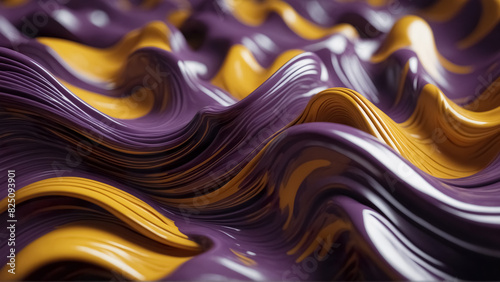 Abstract 3d wavy wallpaper. Background with 3d stylish purple and yellow waves. Liquid dynamics visualization.
