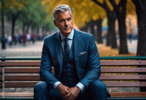 Middle-aged man in a suit sits on a bench 