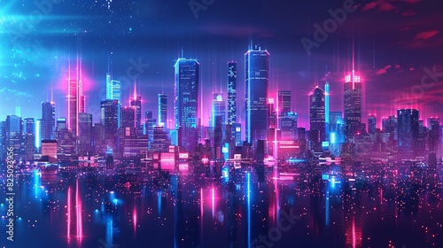 Panoramic cityscape with neon light effects, showcasing futuristic urban architecture. Ideal for a high-tech banner background © growth.ai