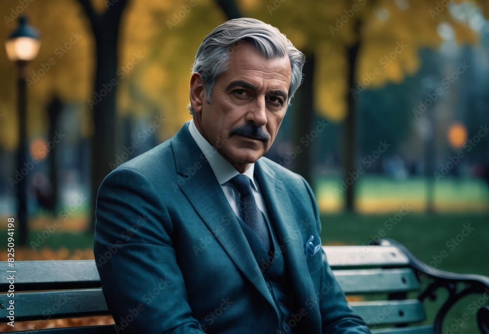 Fototapeta premium Middle-aged man in a suit sits on a bench 