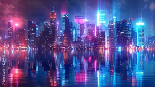 Panoramic urban architecture cityscape with neon light effects. Futuristic high-tech city design for a banner background
