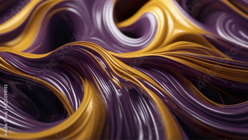 Abstract 3d wavy wallpaper. Background with 3d stylish purple and yellow waves. Liquid dynamics visualization.