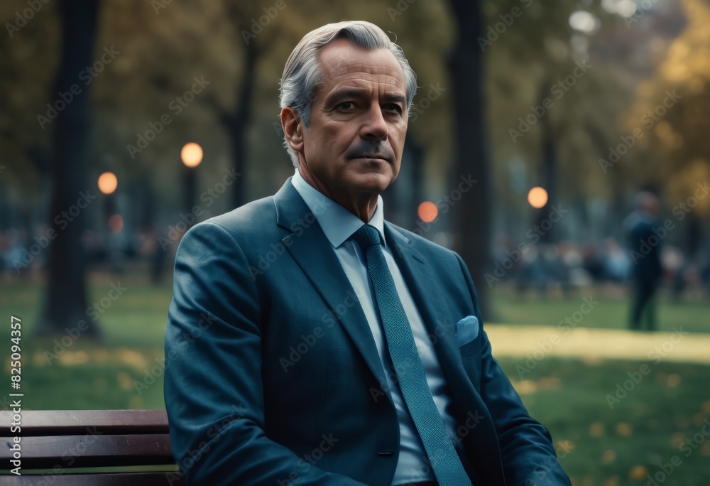 Middle-aged man in a suit sits on a bench Middle-aged man in a suit sits on a bench