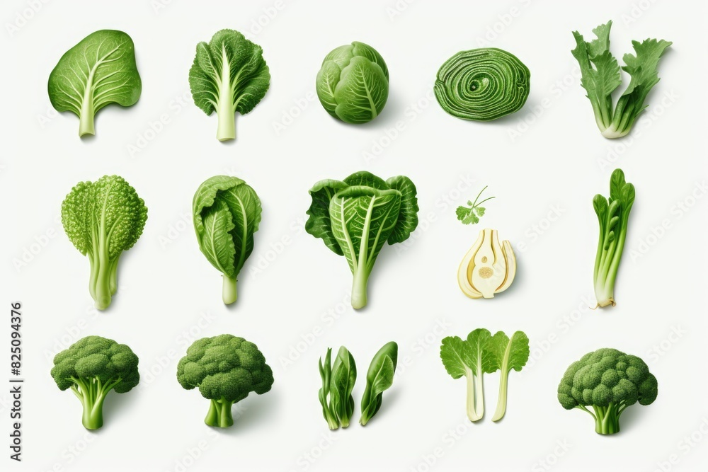 A collection of various green vegetables, including broccoli, cabbage, and lettuce. Concept of abundance and freshness, as the vegetables are displayed in a variety of shapes and sizes A collection of various green vegetables, including broccoli, cabbage, and lettuce. Concept of abundance and freshness, as the vegetables are displayed in a variety of shapes and sizes
