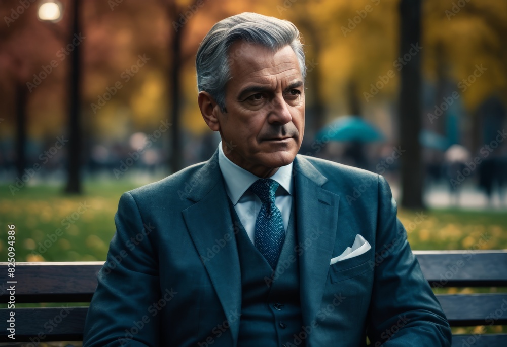 Middle-aged man in a suit sits on a bench Middle-aged man in a suit sits on a bench