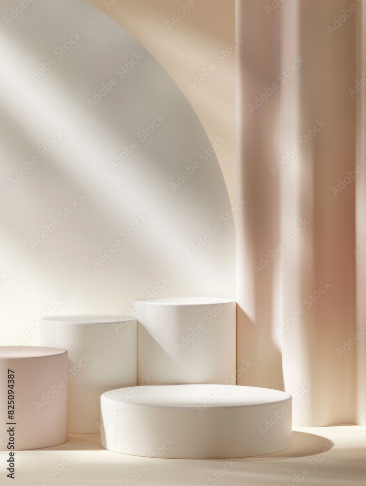 A white and pink room with a white archway and a white pedestal A white and pink room with a white archway and a white pedestal