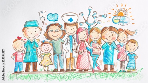 Hand-Drawn Family and Healthcare Worker Group