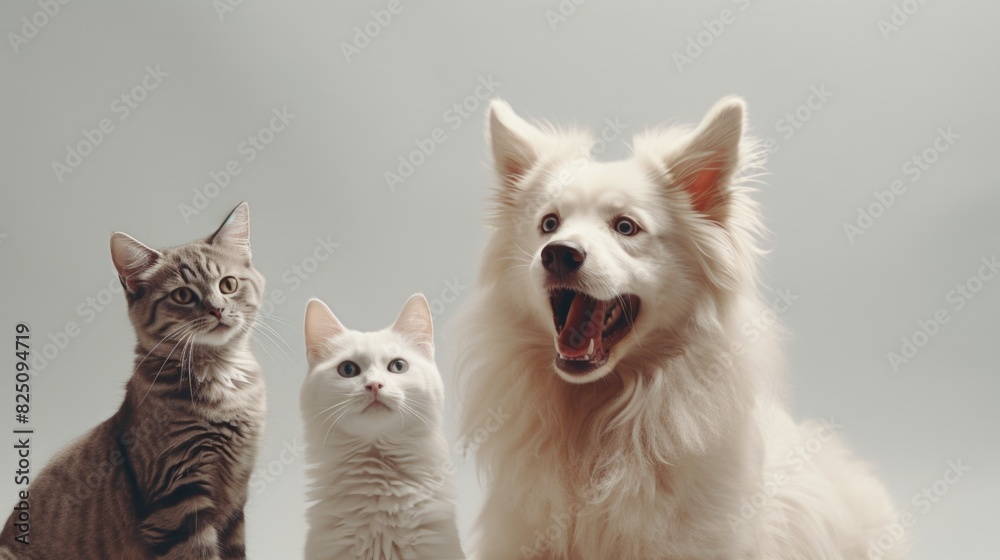 A white dog and a white cat are standing next to each other. The dog is wagging its tail and the cat is looking at the camera A white dog and a white cat are standing next to each other. The dog is wagging its tail and the cat is looking at the camera