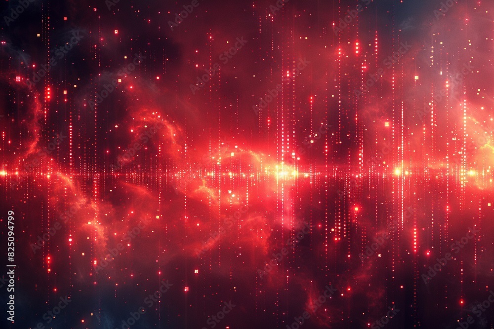 Crimson cascade of data and code streams across a dark abstract canvas. Glowing digital lines and shimmering particles create a futuristic atmosphere