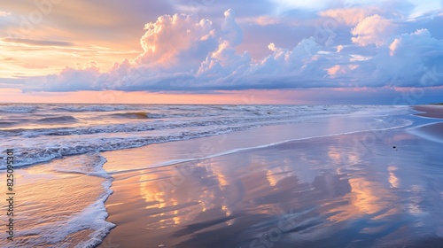 A serene beach at sunrise  with gentle waves lapping at the shore and pastel colors filling the sky  reflecting off the wet sand.