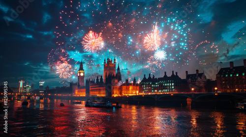 A dazzling display of fireworks lighting up the night sky, set against a silhouetted cityscape or landmark, perfect for celebrating summer festivals and special occasions in June.