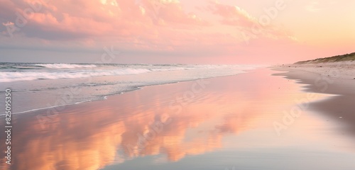 A serene beach scene at dawn  with soft pink and orange hues in the sky reflecting on the wet sand and gentle waves lapping at the shore.