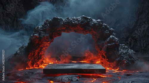 3D render Platform and natural Podium lava rocks smelt on volcano with stone arch, magma and lava erupt for product display, Blank showcase, mock up