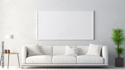 A room with large windows  allowing natural light to illuminate a minimalist white couch and a blank empty white frame mockup on the wall.