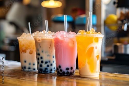 Variety of bubble teas with tapioca pearls in a cafe setting photo