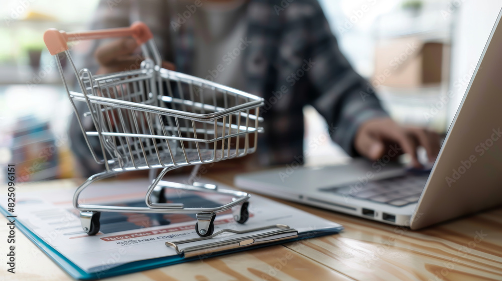 A person is using a laptop computer while a shopping cart is placed on a table i A person is using a laptop computer while a shopping cart is placed on a table i