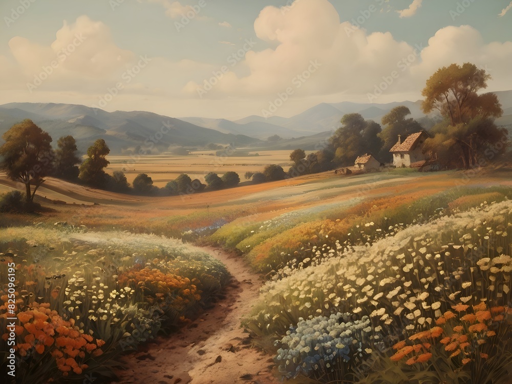 Fototapeta premium Flower Field Landscape Vintage Illustration Art