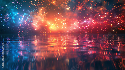 A close-up of colorful fireworks bursting over a calm lake, with reflections shimmering on the water.